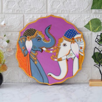 A beautiful pichwai painting of two elephants standing next to each other on a purple plate.