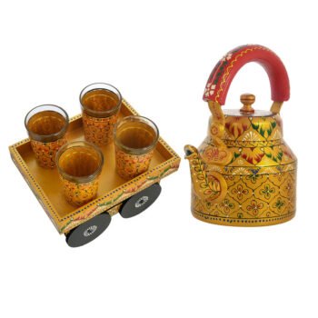 HandPainted Alluminium Tea Kettle with 6 Glasses and Wooden Tray For Home Décor , Tea Party , Serving